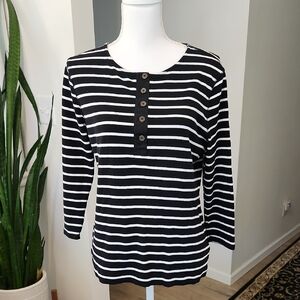 LAUREN Ralph Lauren Ladies Shirt 3/4 Sleeve Navy White Stripes XL